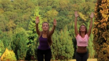 Yeşil çimlerde yoga yapan kadın.
