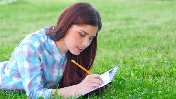 Beautiful girl with her diary in park — Stock Video