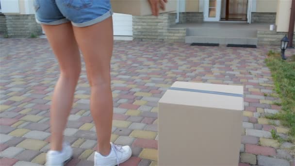 Beautiful girl carrying boxes to new home. — Stock Video