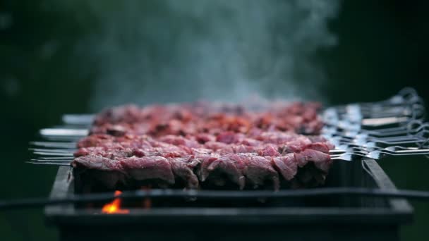 Смачне м'ясо, що готується на вогні — стокове відео
