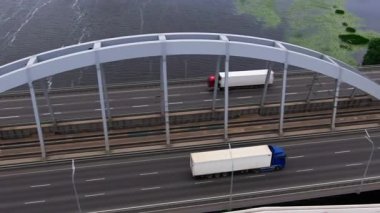 İki yük kamyonu geniş bir köprü boyunca zıt yönlere hareket ederken paralel demiryolu rayları çelik kemerlerin altından geçerek nehrin yukarısında açık bir ulaşım koridoru oluşturuyor.