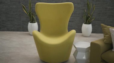 Sarı desenli koltuklu parlak modern iç mekan beyaz geometrik yan masa ve yeşil kapalı mekan bitkileri çağdaş ev ortamında şık bir rahatlatıcı atmosfer yaratıyor..