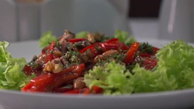 Kapalı tabak kırmızı biber salatası, marul ve ceviz garnitürlü, şefin kaplaması rahat mutfakta, kavrulmuş kırmızı biber şeritleri, doğranmış ceviz, taze bitki serpintisi,