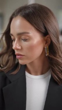 Kahverengi saçlı, başını çevirip kameraya ciddi ciddi bakan güzel bir kadının yakın plan portresi.