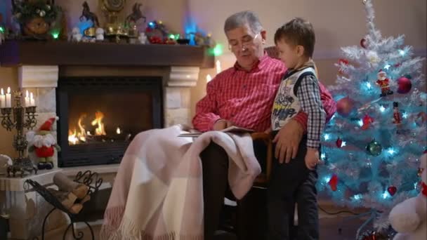 Großvater und Enkel lesen ein Buch — Stockvideo