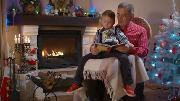 Дедушка и внук читают книгу — стоковое видео