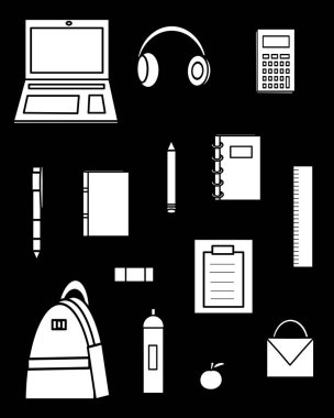 Okul için gerekli malzemeler siyah arka planda. Vektör simgesi çizgi sembolü.