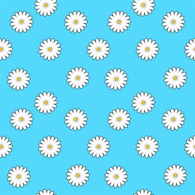 Papatyalı kusursuz vektör deseni. Mavi arkaplan illüstrasyonunda papatya çiçeği pürüzsüz. Parmak izi için oldukça çiçek desenli. Düz tasarım vektörü.