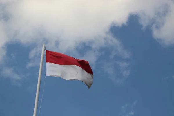 Red White Flag Indonesia Flying Blue Cloudy Sky — Stock Photo, Image