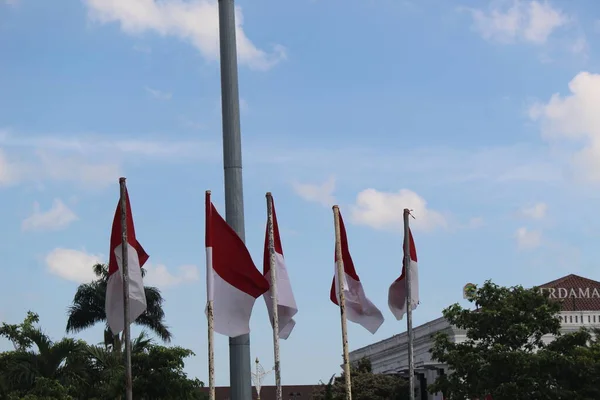 Semarang Indonesia Agosto 2021 Alcune Bandiere Indonesiane Sventolano Con Alberi — Foto Stock