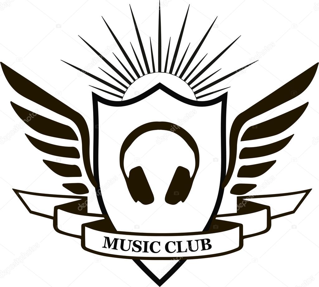 MUSIC CLUB, vintage emblems in black and white, logo with headphones vector