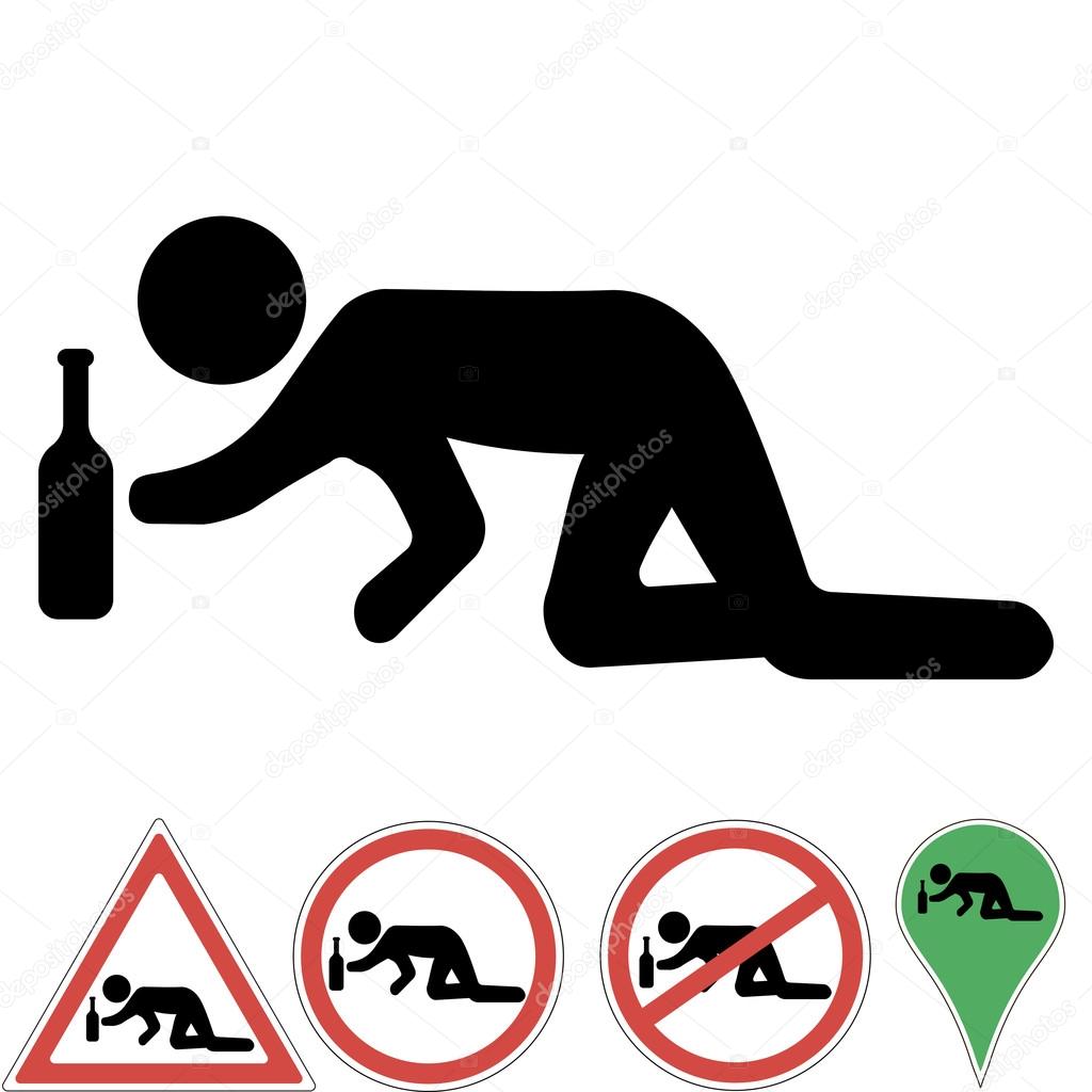 Icon a drunk man crawling on his knees for a bottle of alcohol, prohibition sign, a pointer, permits, warning signs, Vector illustration for print or website design.