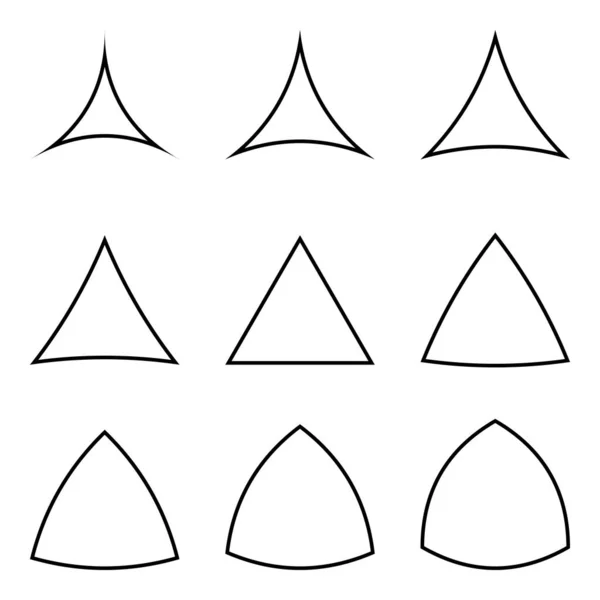 Ensemble de triangles avec côtés concaves et convexes, triangle de modèle de tatouage à logo vectoriel gonflé et mince — Image vectorielle