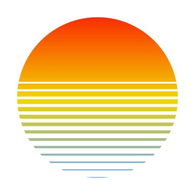 Güneşin ve suyun değişken silueti ile denizin üzerinde geriye doğru gün batımı. Eski tarz yaz logosu 80 'ler tarzı 90' lar