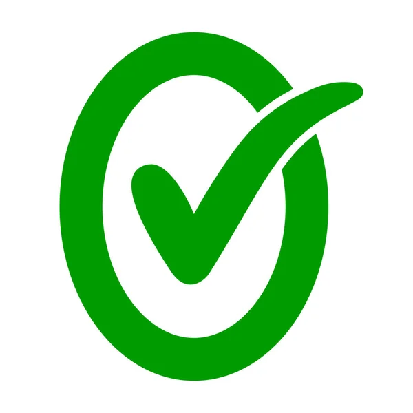 Godkänd ok ikon oval bokstav O med grön markering OK, vektor markering i bokstav o, samtycke och godkännande bekräftelse symbol — Stock vektor