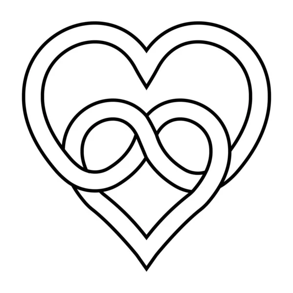 영원 한 사랑을 상징하는 두 개의 심장, 서로 얽혀 있는 무한 한 사랑의 매듭을 나타내는 벡터 — 스톡 벡터