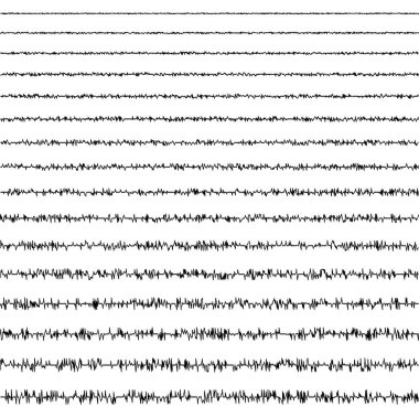 set of horizontal line doodles of seismic waves of the vibrational form of an earthquake with a random frequency and amplitude, a vector seismogram that registers earths vibrations clipart