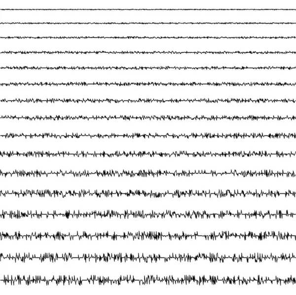 Conjunto de garabatos horizontales de ondas sísmicas de la forma vibratoria de un terremoto con una frecuencia y amplitud aleatorias, un sismograma vectorial que registra las vibraciones de las tierras — Vector de stock