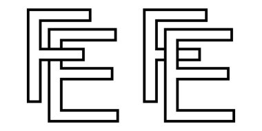 Logo işareti fe ef simgesi işaretli birbirine karışmış harfler E, F vektör logosu ef, fe ilk büyük harf şablon alfabesi e, f