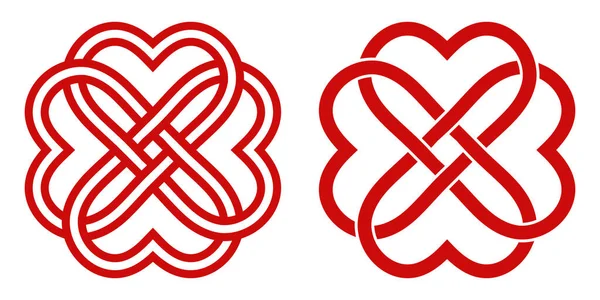 Keltischer Knoten roter Herzen in Form einer Blume, Vektorknoten Herzen symbolisieren endlose Liebe gegenseitiges Verständnis und Freundschaft — Stockvektor