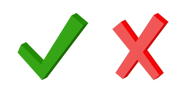 3d zelená značka symbol a červený kříž, ano znamení fakt a mýtus ověřena správná odpověď — Stockový vektor