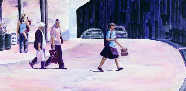 Pintura original de personas cruzando una calle en verano . —  Fotos de Stock