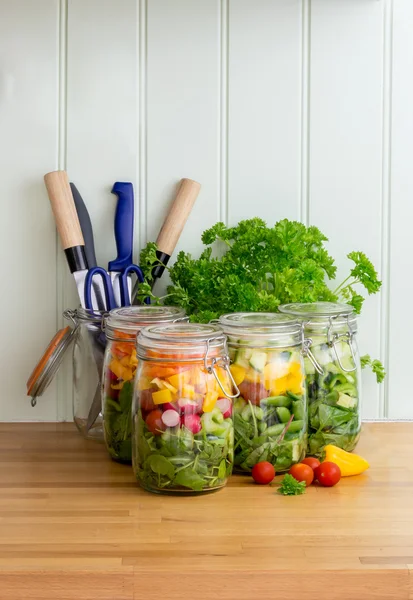 Salad in glass storage jars. Copy space. — Stock Photo, Image