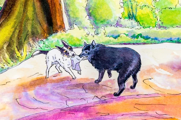 Pintura original de dois cães jogando . — Fotografia de Stock