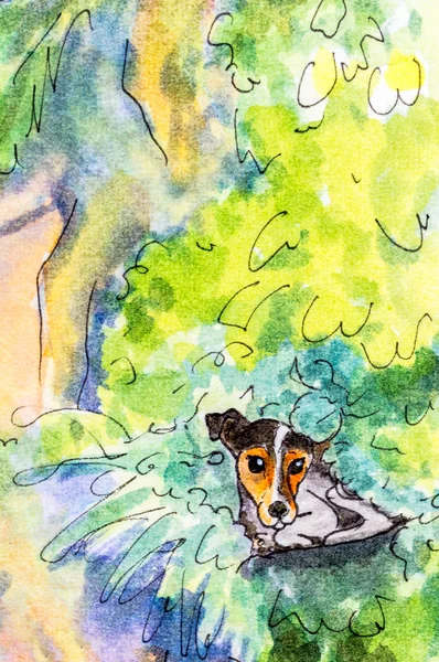 Original painting of a dog lying in bushes.