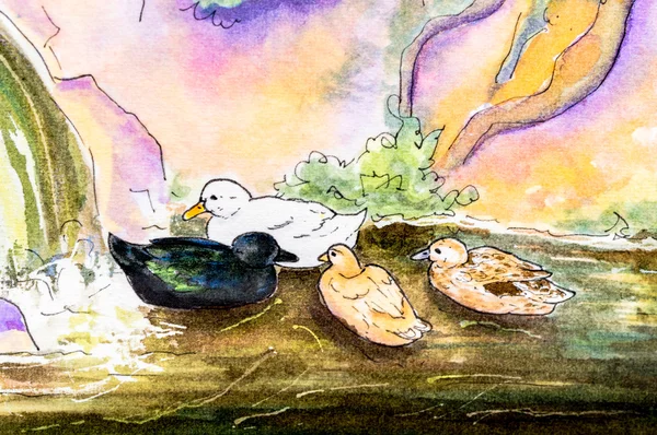Pintura original de patos sobre agua . —  Fotos de Stock