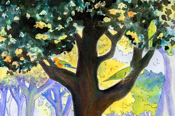 Pintura original de tres loros en un árbol —  Fotos de Stock