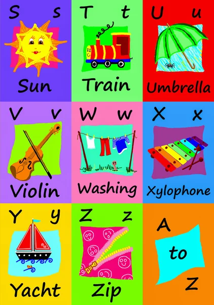Tarjetas flash del alfabeto S-Z. Ilustraciones inocentes . —  Fotos de Stock