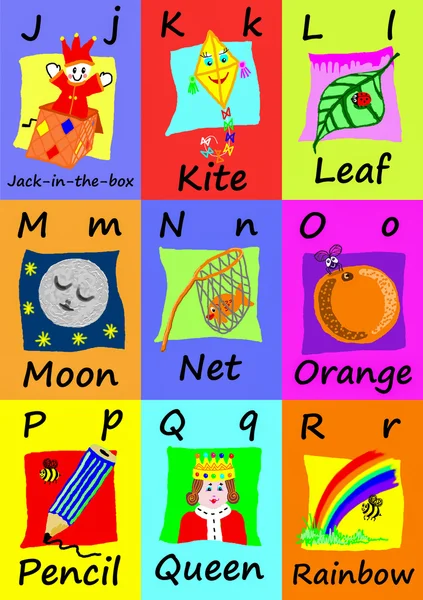 Alphabet flash cards J-R. Naive illustrations. — Stock Photo, Image