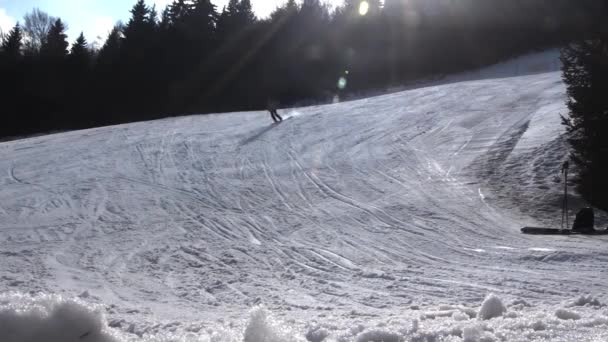 Um esquiador está pulverizando a câmera — Vídeo de Stock