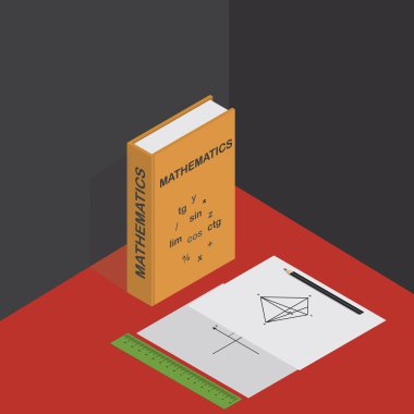 Matematik grafikler, cetvel, kalem ve matematik ders kitabı ile vektör izometrik çizim.