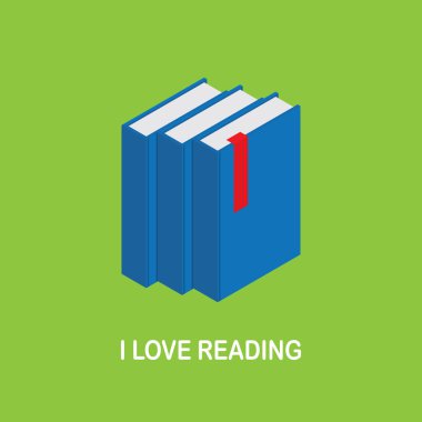 Okumayı seviyorum. Yeşil bir arka plan üzerinde kırmızı bir yer imi ile üç mavi kitap görüntüsü. İzometrik kitaplar.