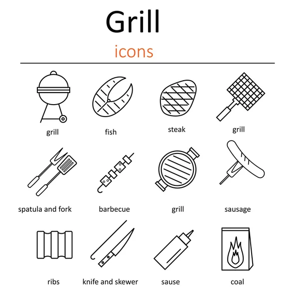 Grill ikony. Ikony akcesoria do grillowania. Piekarnik grill, grill akcesoria i produkty. — Wektor stockowy