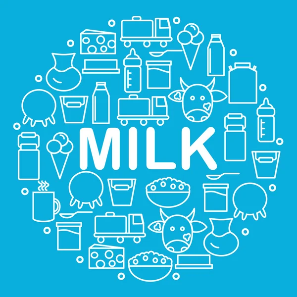 牛乳や乳製品は青色の背景に円の中に位置しています。線のスタイルで乳製品のアイコン. — ストックベクタ
