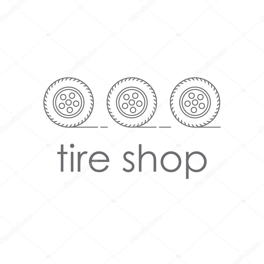 Shop tires. Logo or company logo or store tires. Three car wheels rolling. Tyres with wheels in the style of the line. Vector illustration.