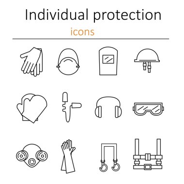  Set of icons of personal protective equipment in construction. Protective equipment for eyes, head, ears, hands, lungs and the body. Body protection and health. Vector illustrat