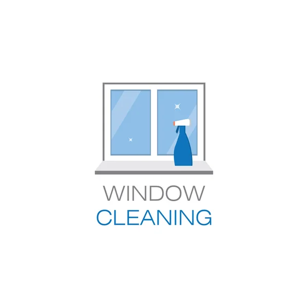 Parlak pencere ve sprey pencere temizleyici bir pencere pervazına net. Pencere temizleme. Amblem veya temizlik firma logosu. Işıltılı düz stil penceresinde. 