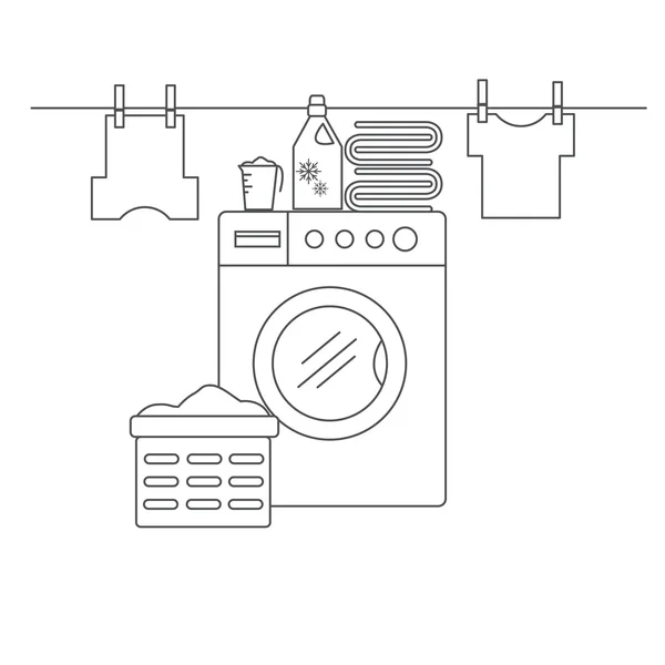 Yıkama ve kurutma öğeleri için çamaşır odası. Çamaşır makinesi, keten ve Çamaşırhane özellikleri ile çamaşır odası. Çamaşır odasında bir çizgi stili. 