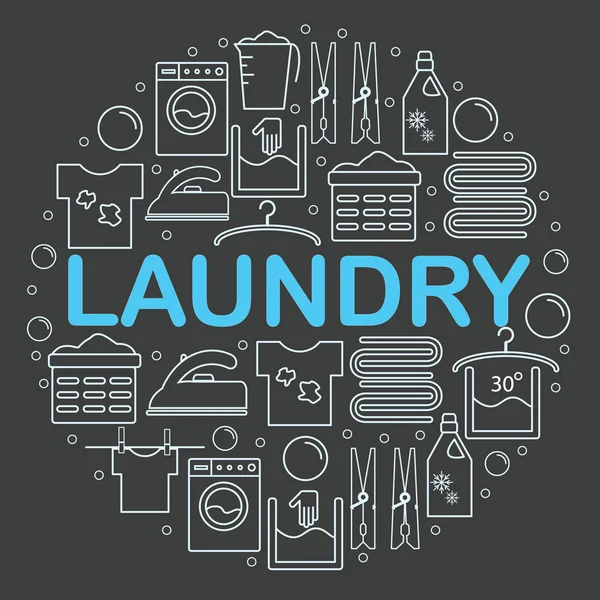 Simgeler Çamaşırhane ayarlayın. Yuvarlak afiş ile bir Çamaşırhane çizginin stilini simgeler. Karanlık bir arka plan üzerinde bir daire içine yerleştirilen simgeler Çamaşırhane. 