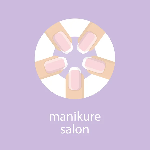 Manikür salonu. Afiş, amblem veya tırnak salonu logosu. Beş parmak bir daire ile Fransız manikür görüntüsü. Parmakları ile manikür mor zemin üzerine. 