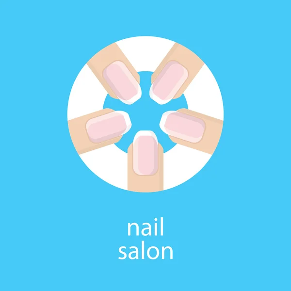 Manikür salonu. Afiş, amblem veya tırnak salonu logosu. Beş parmak bir daire ile Fransız manikür görüntüsü. Parmakları ile mavi arka plan üzerinde bir manikür. 