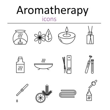 Aromaterapi için web simgeleri kümesi. Yağ brülör, Aromatik çubuklar, aroma yağları, mumlar ve aromaterapi için diğer aksesuarlar. 