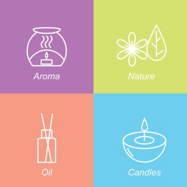 Aromaterapi sembolleri ayarlayın. Amblem veya logo aromaterapi, mumlar, doğa, yağ. 