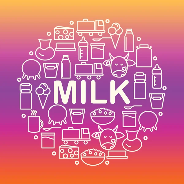 Reihe von Ikonen der Milchwirtschaft. rundes Banner mit Symbolen von Milch und Milchprodukten auf farbigem Hintergrund. Vektorillustration. — Stockvektor