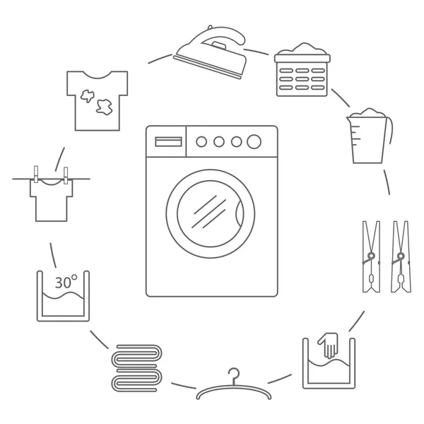 Conjunto de ícones no estilo de uma linha de lavanderia. Ícones de lavanderia dispostos em um círculo . —  Vetores de Stock