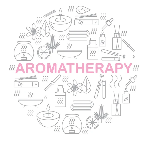 Aromaterapi. Simgeler Aromaterapi ile yuvarlak banner. Simgeler için rahatlama ve spa. 